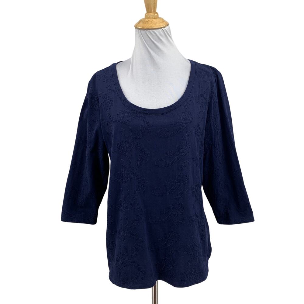 Soft Surroundings Blouse Womens XL Navy Cotton Embroidered Texture 3/4 Sleeve